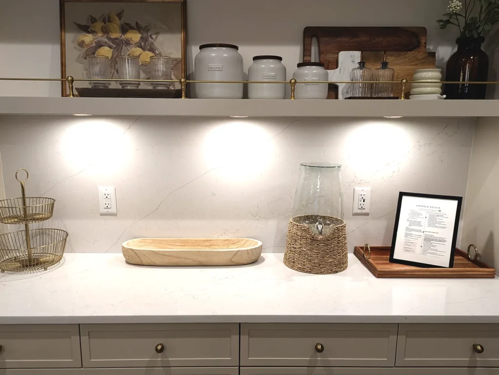 Lighted kitchen counter beneath open shelves